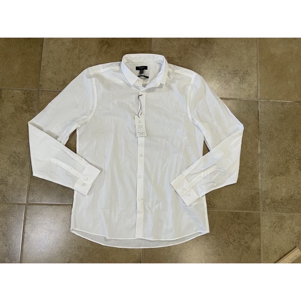 NWT New Look Men's Dress Shirt M Easy Iron White Stretch Collar Long Sleeve